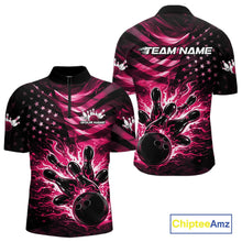 Load image into Gallery viewer, Custom Black And Pink Patriotic Fire Flame Men Bowling Shirt, US Flag Bowling Jerseys IPHW11001
