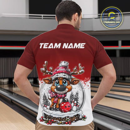 Custom Cute Funny Reindeer Christmas Bowling Men Quarter-Zip Shirts, Xmas Team Bowling Shirt IPHW10114
