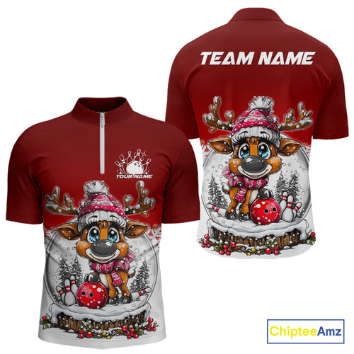 Custom Cute Funny Reindeer Christmas Bowling Men Quarter-Zip Shirts, Xmas Team Bowling Shirt IPHW10114