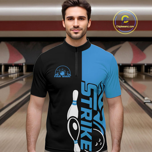 Custom Black And Blue Flame Strike Bowling Men Quarter-Zip Shirt, Bowling Tournament Shirt IPHW10251