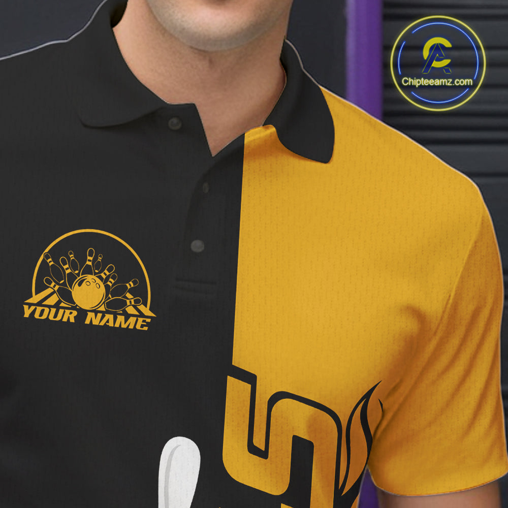 Custom Black And Gold Flame Strike Bowling Men Polo Shirt, Bowling Tournament Shirt IPHW10253