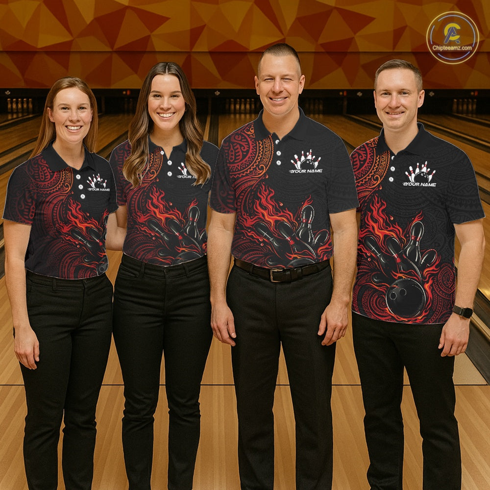 Custom Black And Red Orange Tribal Flame Bowling Ball Bowling Team Shirts, Polynesian Bowling Tournament Shirt IPHW10496