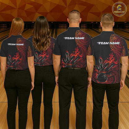 Custom Black And Red Orange Tribal Flame Bowling Ball Bowling Team Shirts, Polynesian Bowling Tournament Shirt IPHW10496