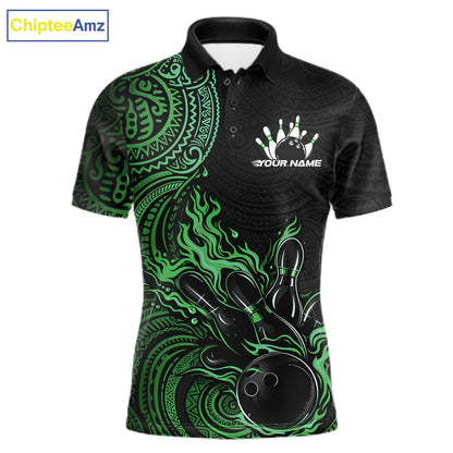 Custom Black And Green Tribal Flame Bowling Ball Bowling Team Shirts, Polynesian Bowling Tournament Shirt IPHW10498