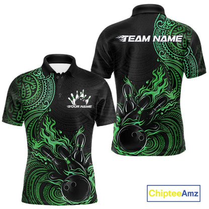 Custom Black And Green Tribal Flame Bowling Ball Bowling Team Shirts, Polynesian Bowling Tournament Shirt IPHW10498