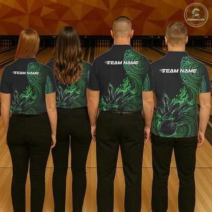 Custom Black And Green Tribal Flame Bowling Ball Bowling Team Shirts, Polynesian Bowling Tournament Shirt IPHW10498
