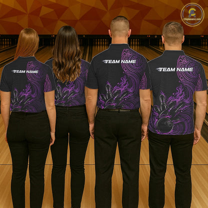 Custom Black And Purple Tribal Flame Bowling Ball Bowling Team Shirts, Polynesian Bowling Tournament Shirt IPHW10500