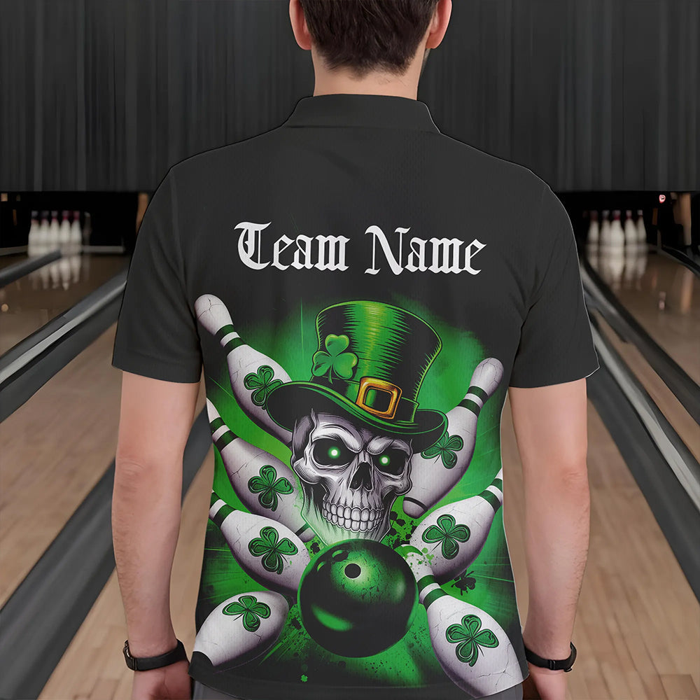 Custom Black And Green Lucky Clover St Patricks Day Skull Bowling Team Polo Shirts For Men IPHW8593