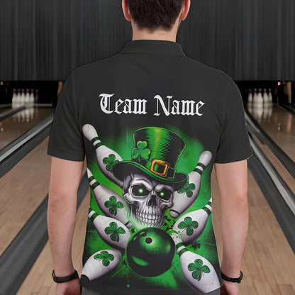 Custom Black And Green Lucky Clover St Patricks Day Skull Bowling Team Polo Shirts For Men IPHW8593