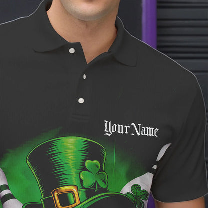 Custom Black And Green Lucky Clover St Patricks Day Skull Bowling Team Polo Shirts For Men IPHW8593