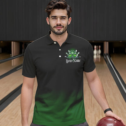 Custom Black And Green Lucky Clover St Patricks Day Skull Bowling Team Polo Shirts For Men IPHW8599