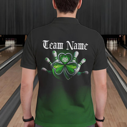 Custom Black And Green Lucky Clover St Patricks Day Skull Bowling Team Polo Shirts For Men IPHW8599