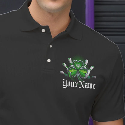 Custom Black And Green Lucky Clover St Patricks Day Skull Bowling Team Polo Shirts For Men IPHW8599