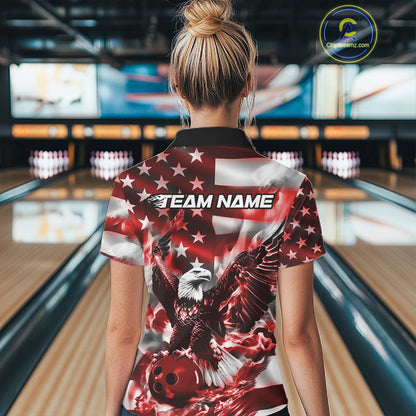 Custom Red Flaming American Flag Eagle Bowling Team Women Shirt, Patriotic Bowlers Outfit IPHW10779