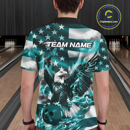Custom Blue Flaming American Flag Eagle Bowling Team Men Shirt, Patriotic Bowlers Outfit IPHW10780