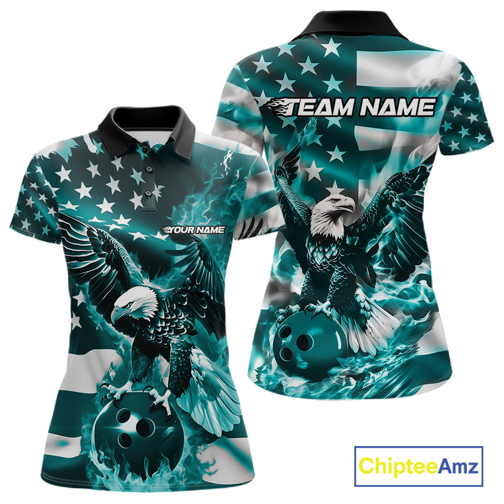 Custom Blue Flaming American Flag Eagle Bowling Team Women Shirt, Patriotic Bowlers Outfit IPHW10780