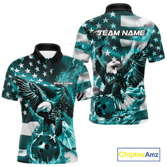 Custom Blue Flaming American Flag Eagle Bowling Team Men Shirt, Patriotic Bowlers Outfit IPHW10780