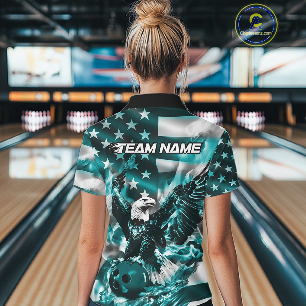 Custom Blue Flaming American Flag Eagle Bowling Women Shirt, Patriotic Bowlers Outfit IPHW10780