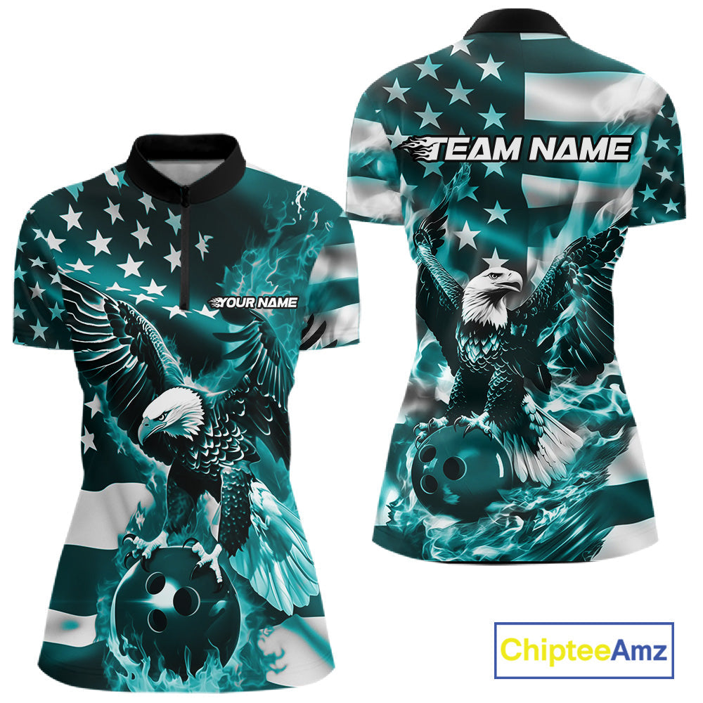 Custom Blue Flaming American Flag Eagle Bowling Women Shirt, Patriotic Bowlers Outfit IPHW10780