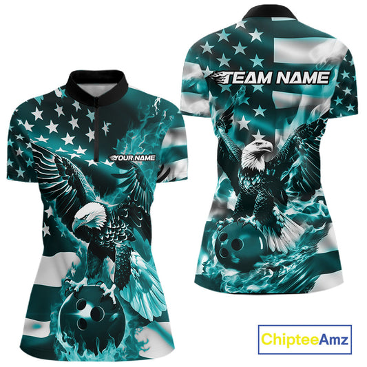 Custom Blue Flaming American Flag Eagle Bowling Women Shirt, Patriotic Bowlers Outfit IPHW10780