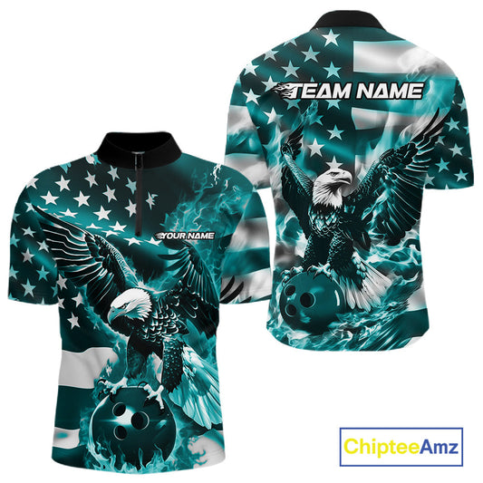 Custom Blue Flaming American Flag Eagle Bowling Team Men Shirt, Patriotic Bowlers Outfit IPHW10780
