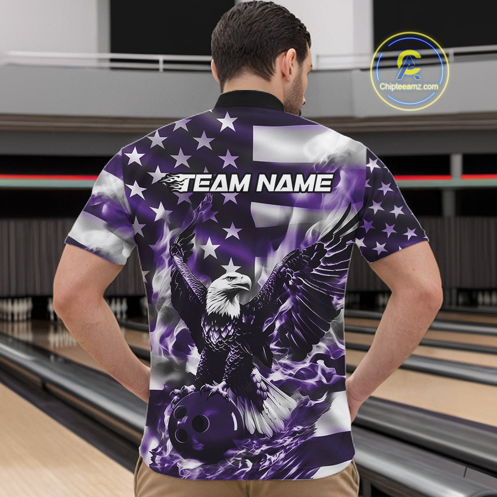 Custom Purple Flaming American Flag Eagle Bowling Team Men Shirt, Patriotic Bowlers Outfit IPHW10781