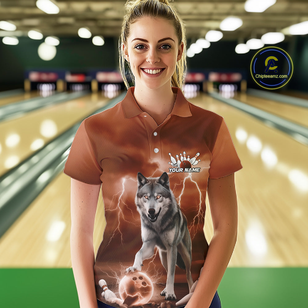 Custom Orange Ligtning Wolf Bowling Team League Shirts For Women, Bowler Outfits IPHW10786