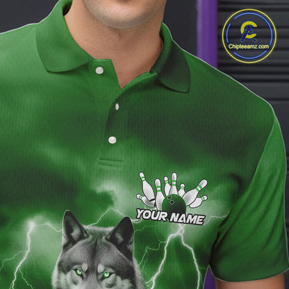 Custom Green Ligtning Wolf Bowling Team League Shirts For Men, Bowler Outfits IPHW10787