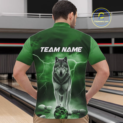 Custom Green Ligtning Wolf Bowling Team League Shirts For Men, Bowler Outfits IPHW10787