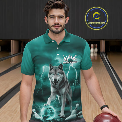 Custom Teal Blue Ligtning Wolf Bowling Team League Shirts For Men, Bowler Outfits IPHW10789