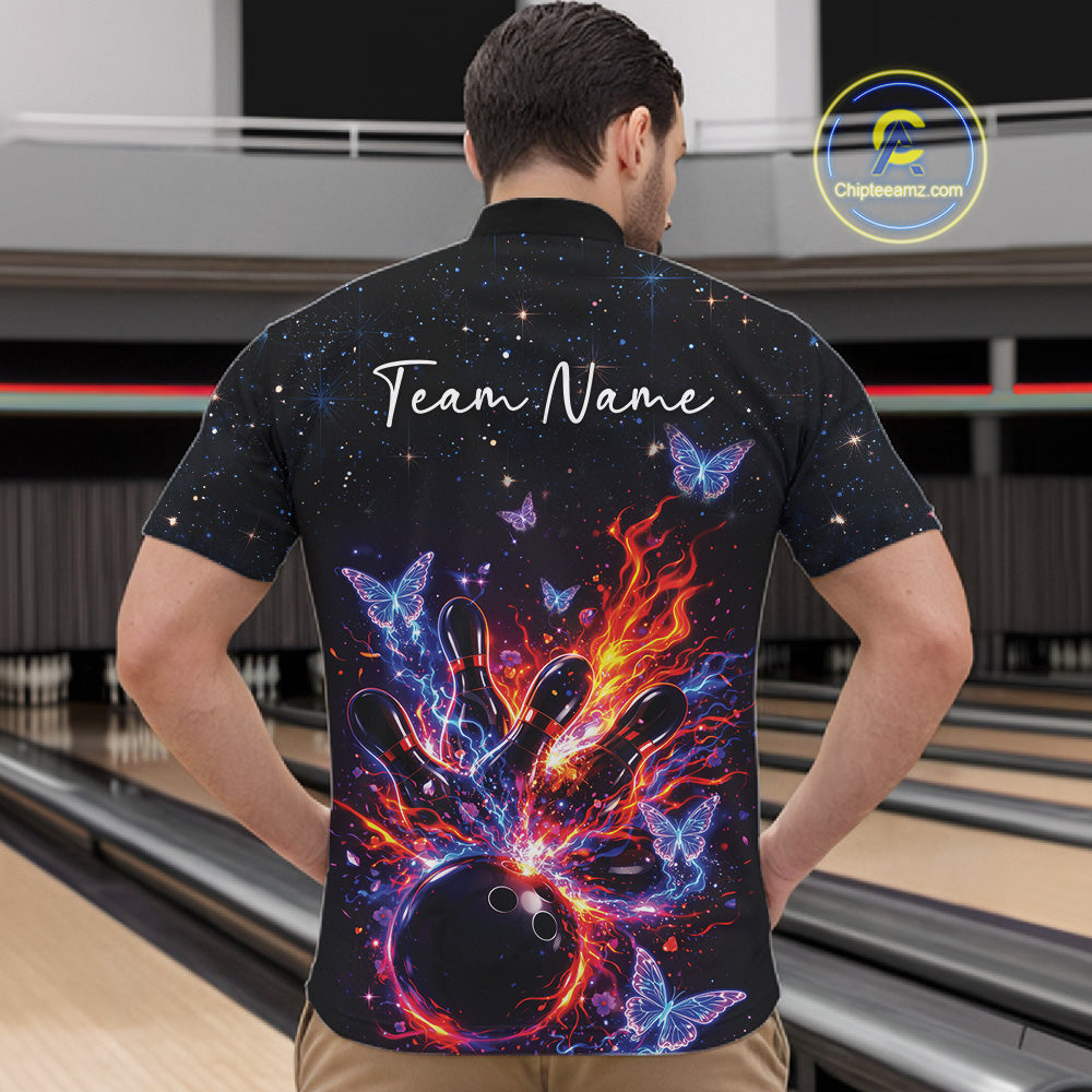 Front view of a male model in a black bowling quarter-zip shirt featuring glowing butterflies and bowling pins.
