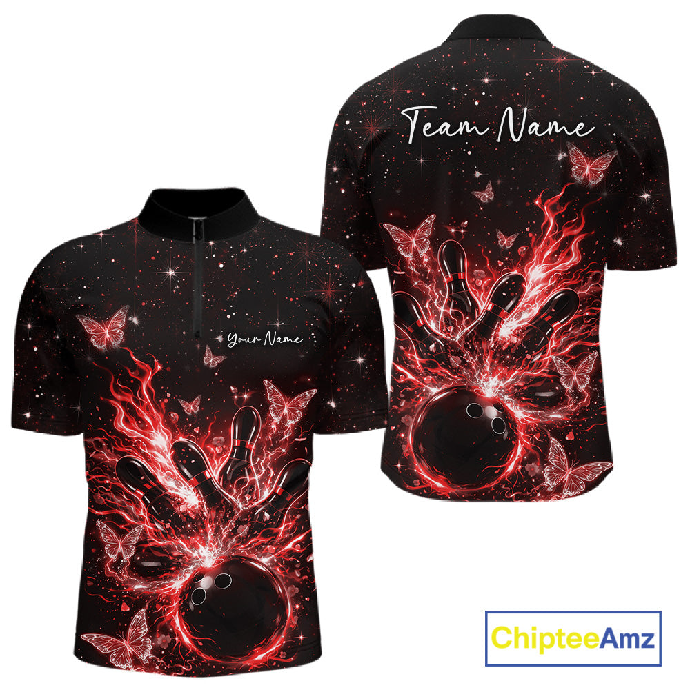 Front and back views of a black and red mens bowling quarter-zip shirt featuring flaming bowling ball and glowing butterflies.