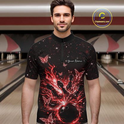Male model wearing a black and red bowling quarter-zip shirt at the bowling lane with cosmic strike artwork.