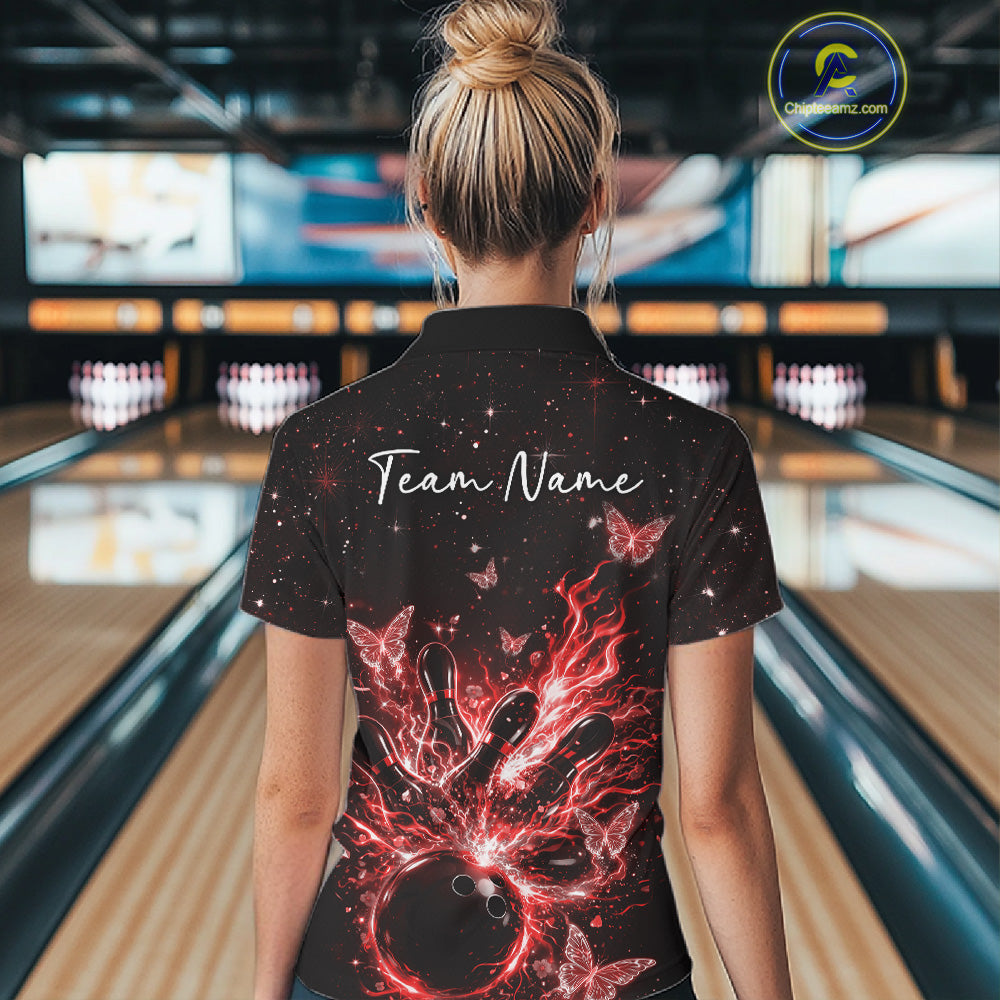 Back view of a female model wearing a black and red bowling quarter-zip shirt with glowing butterfly accents.