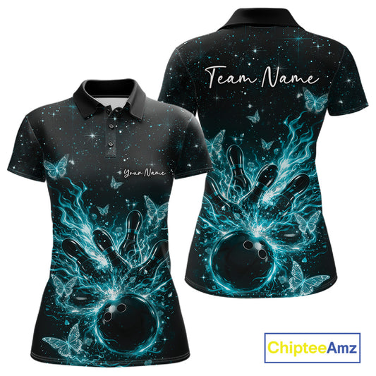 Front and back views of a black and turquoise blue womens bowling polo shirt featuring a flaming bowling ball, pins, and glowing butterflies.
