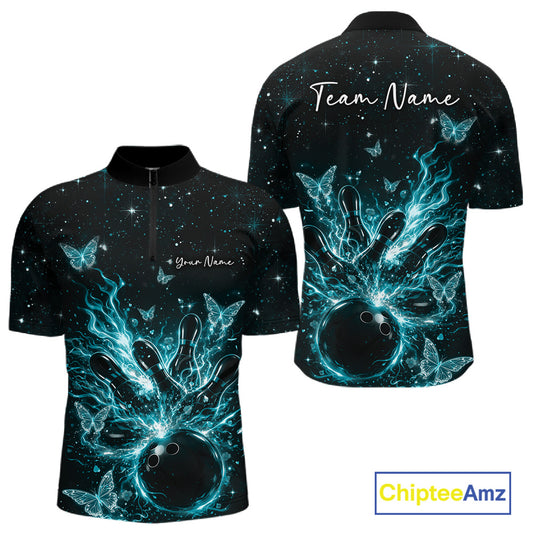Front and back views of a black and turquoise blue mens bowling quarter-zip shirt with cosmic flaming bowling artwork.