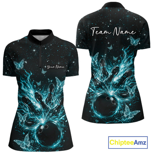 Front and back views of a black and turquoise blue womens bowling quarter-zip shirt with flaming bowling strike artwork.