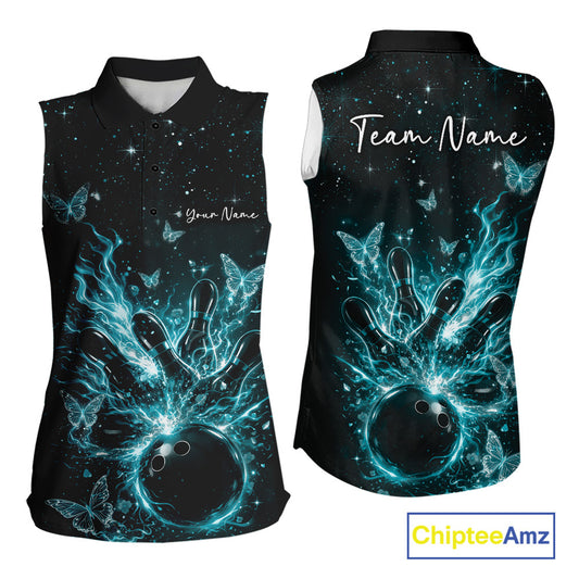 Front and back views of a black and turquoise blue womens sleeveless shirt featuring a flaming bowling ball hitting pins with glowing butterflies.