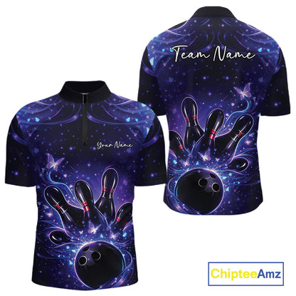 Front and back views of a blue and purple mens bowling quarter-zip shirt with bowling ball, pins, and glowing butterflies.