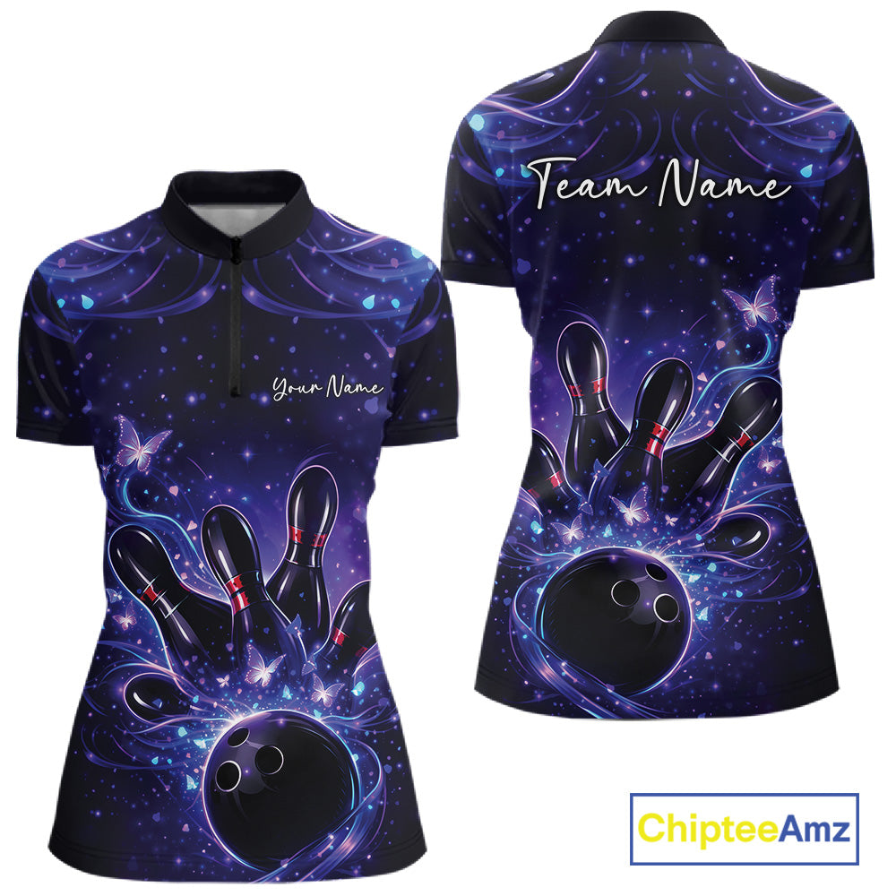 Front and back views of a womens blue and purple bowling quarter-zip shirt featuring bowling pins, a bowling ball, and glowing butterflies.