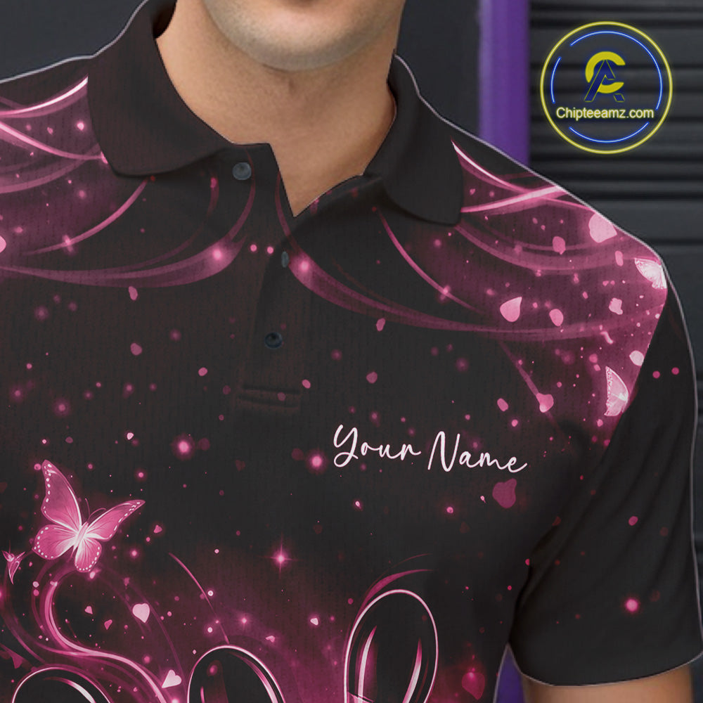 Close-up of the left chest on a black and pink bowling polo shirt with glowing ball and pin artwork.