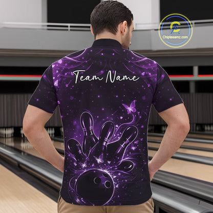 Front view of a male model in a black and purple bowling quarter-zip shirt featuring ball and pin artwork.