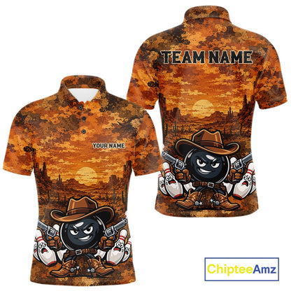 Front and back views of a short-sleeve polo shirt featuring a distressed orange and brown sunset landscape with a cartoon bowling character wearing a cowboy hat. The shirt includes customizable text placeholders 'TEAM NAME' on the back and 'YOUR NAME' on the front.