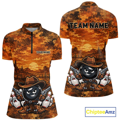 Front and back views of a short-sleeve shirt with an all-over western desert sunset print. The shirt features a cartoon black ball character wearing a brown cowboy hat and boots, holding white bowling pins, with the text 'TEAM NAME' on the back and 'YOUR NAME' on the front.