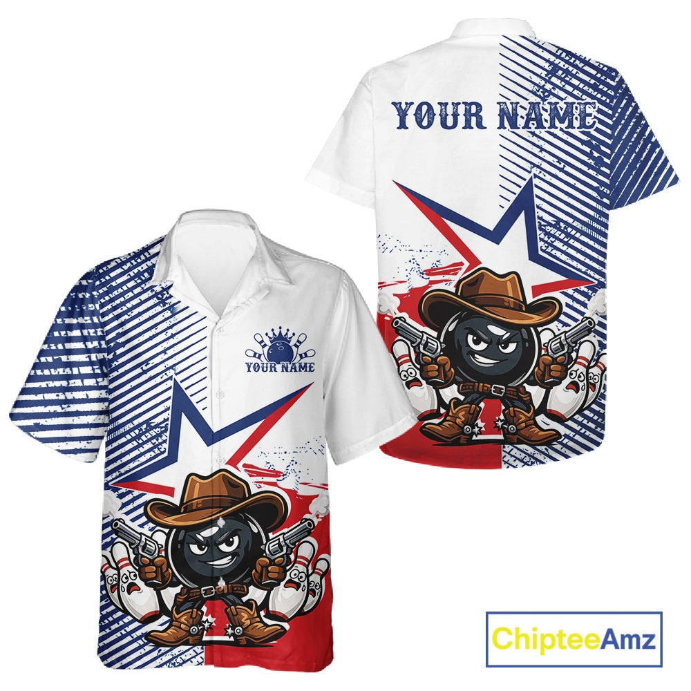 Custom short-sleeve button-up shirt shown from the front and back on a white background. The shirt features a patriotic red, white, and blue star-and-stripe design with a cartoon bomb character wearing a cowboy hat and holding revolvers.