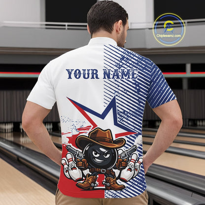 A man viewed from behind wearing a short-sleeve bowling-themed polo shirt. The shirt features a split design: white on the left with the text 'YOUR NAME', blue and navy striped on the right, and a cartoon bowling ball character in a cowboy hat with guns near the bottom.