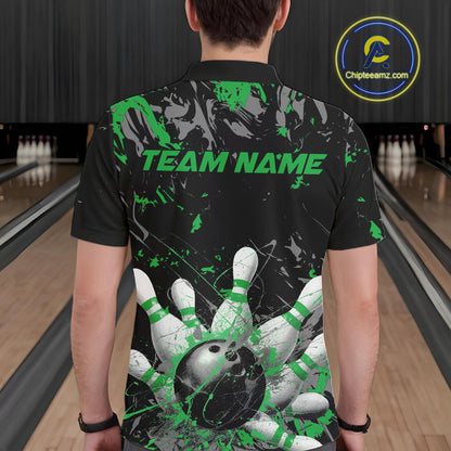 Custom Black And Green Splatter Camo Bowling Team Polo Shirts For Men IPHW10796