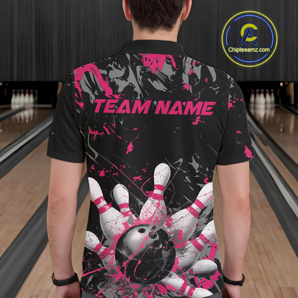 Custom Black And Pink Splatter Camo Bowling Team Polo Shirts For Men IPHW10797