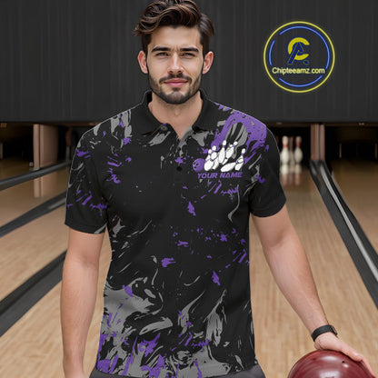 Custom Black And Purple Splatter Camo Bowling Team Polo Shirts For Men IPHW10798