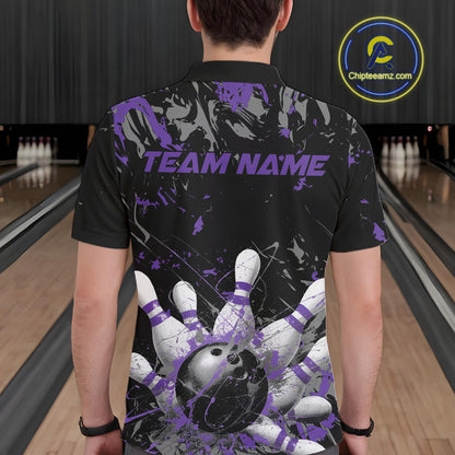 Custom Black And Purple Splatter Camo Bowling Team Polo Shirts For Men IPHW10798